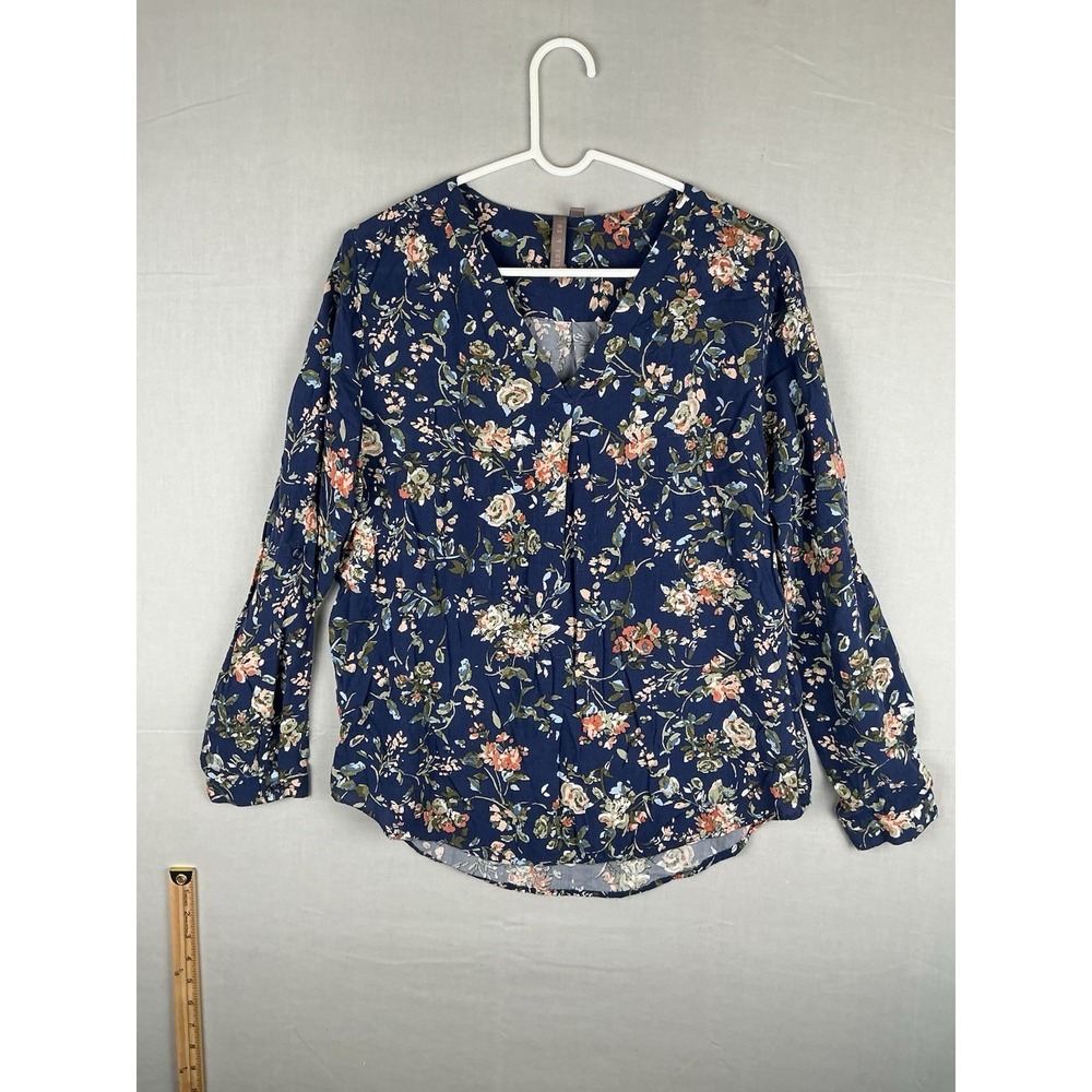 Brina & Em Womens Large Blue Floral Blouse Long Sleeve V Neck Lightweight